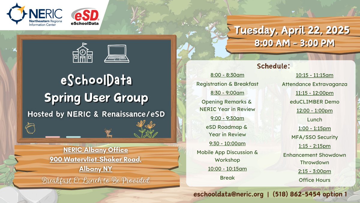 eSDTeam_NERIC's tweet photo. 🎉Looking forward to seeing our #NERIC #eSchoolData districts at the Spring User Group tomorrow!
📧Support will be limited, so please email all inquiries to eschooldata@neric.org. We will respond at our earliest availability.
#eSD #BOCES #edtech https://t.co/xarWs5h0ge