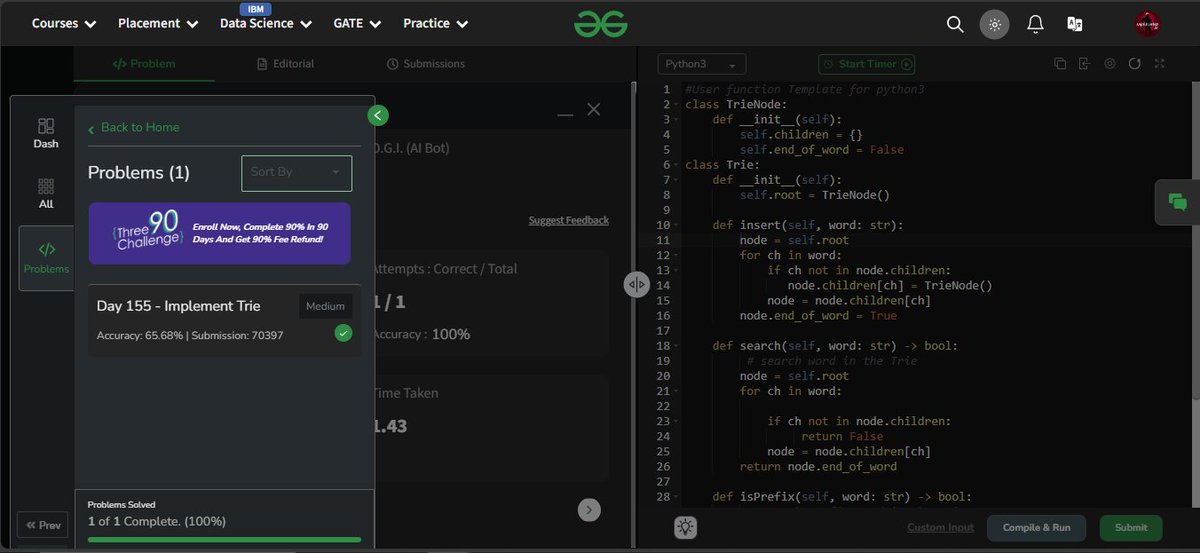Mr_Nikekumar's tweet photo. Day 155: Implement Trie 🔤🌲
Built a Trie from scratch for efficient word storage and search.
Super useful for prefix-based problems like autocomplete or dictionary checks!
One step closer to mastering strings.
#geekstreak2024 #gfg160 @geeksforgeeks #geekstreak2025 https://t.co/zGUIFNxV5r
