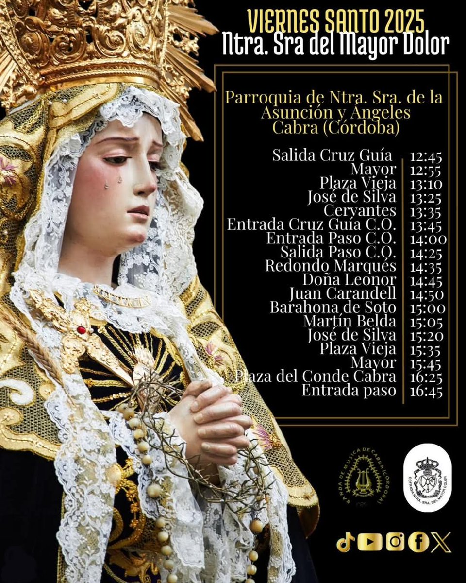 ✝️ 𝑴𝑨Ñ𝑨𝑵𝑨 𝑫𝑬 𝑽𝑰𝑬𝑹𝑵𝑬𝑺 𝑺𝑨𝑵𝑻𝑶

Esta mañana acompañaremos por primera vez a la querida hermandad de Mª Stma. del Mayor Dolor de Cabra.

<a href="/MayorDolorCabra/">MayorDolor_Cabra</a>
#BMCabra #SSantaCabra