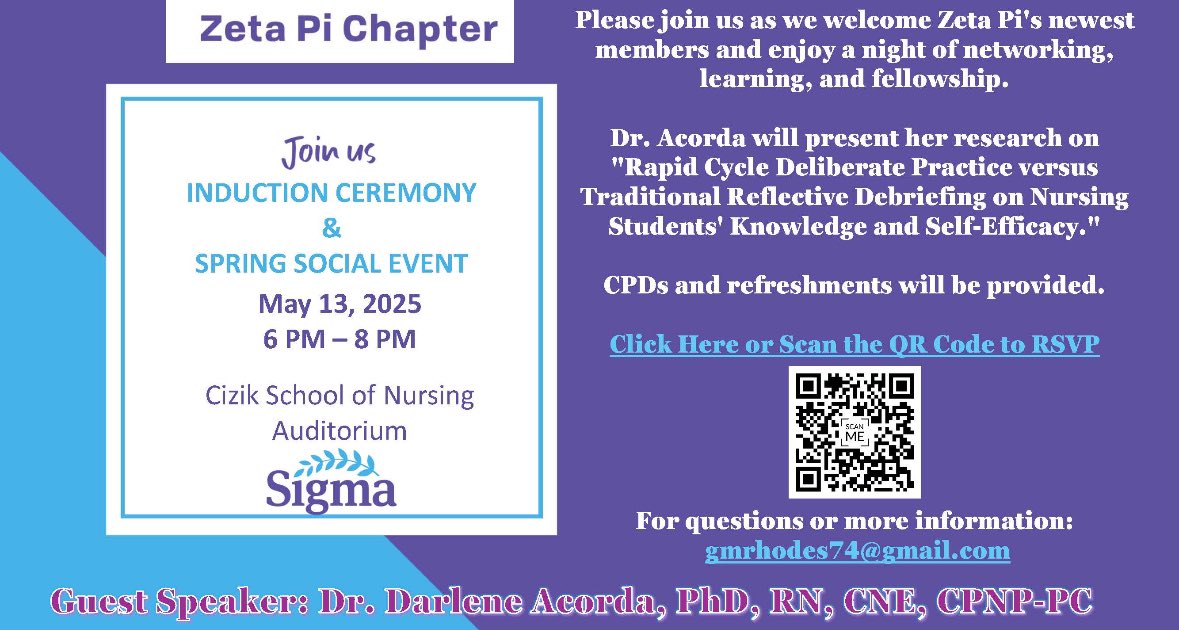 ZetaPiChapter's tweet photo. 🚨Mark your calendar- please join Zeta Pi for our Spring Induction and Social Event on May 13, 2025.
#sigmanursing https://t.co/nSStuqxRV9