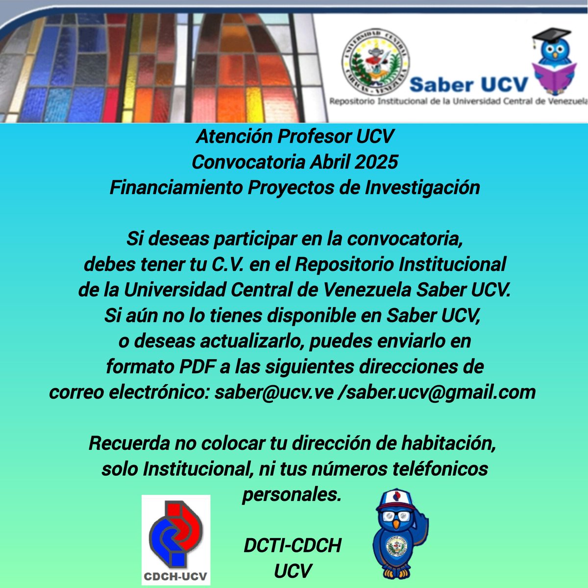 #Atención #ProfesorUCV #ProyectosDeInvestigación @cdch_ucv Convocatoria abierta hasta el miércoles 30 de abril 2025, sin prórroga.
Info: cdch.ucv.ve/2025/04/01/con…