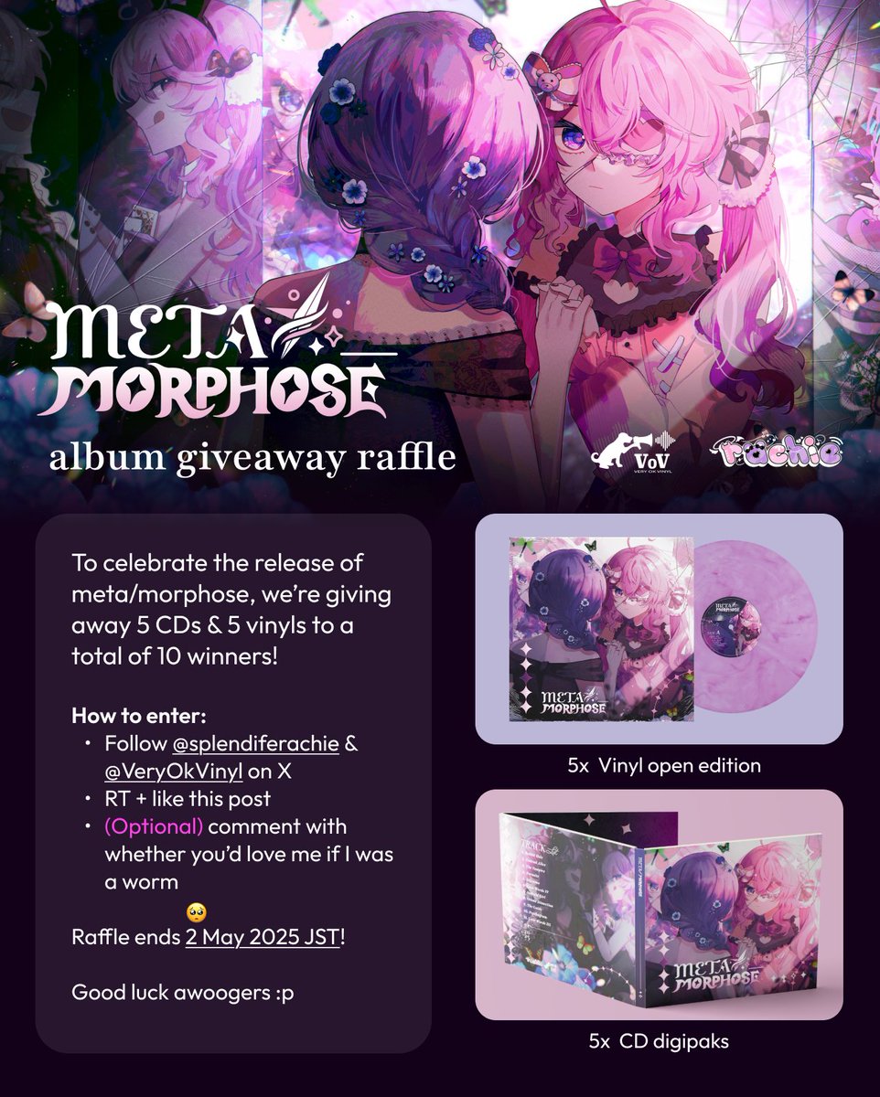 splendiferachie's tweet image. "meta/morphose" album giveaway raffle ☆
to celebrate, we're giving away 5 CDs & 5 vinyls to 10 lucky winners!!
how to enter:
1. be following me & @VeryOkVinyl
2. RT & ❤️ this post
(optional) comment with whether or not you'd love me as a worm 🥺
Ends 2 May 2025 JST!
Good…