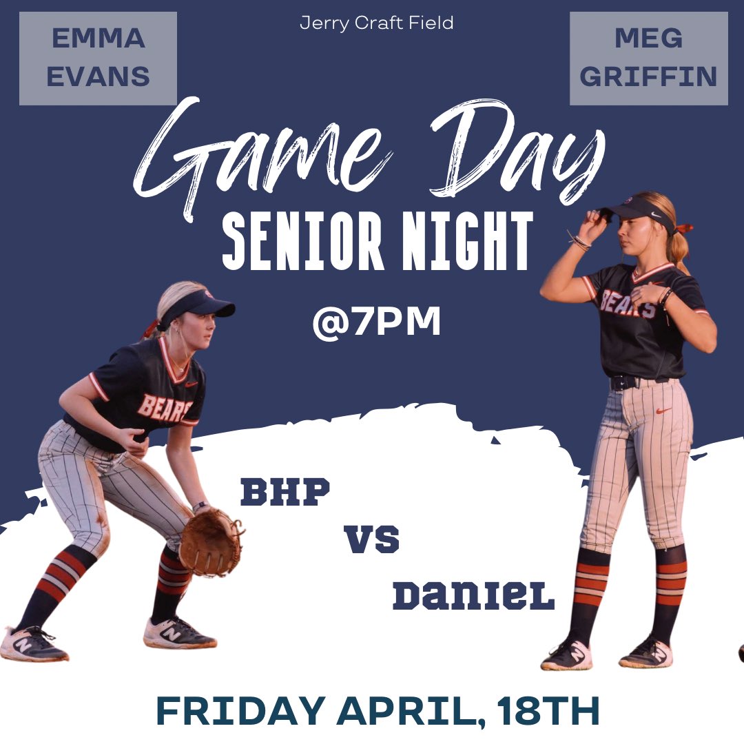 Get up, it’s GAMEDAY📣📣 Tonight JV and Varsity will host home games against Daniel. 
JV will start at 5:30, and Varsity will play after at 7:15. Senior night for @emmajo_evans and @meglann_17 will begin at 7PM. Come support our program and our 2️⃣ seniors‼️🤍 #OwnIt