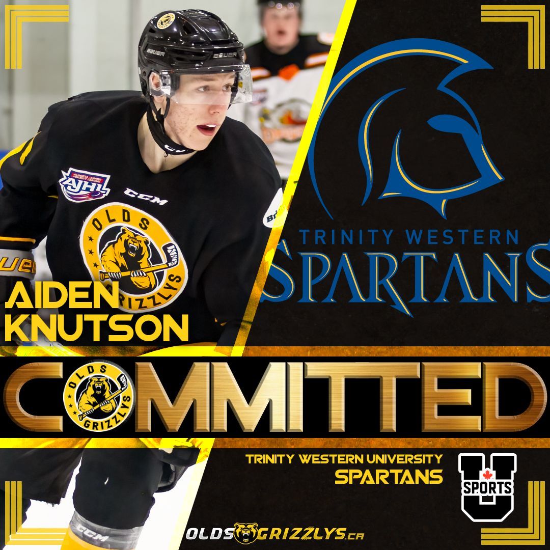 GrizzlysAJHL's tweet photo. #GrizzCountry, join us in congratulating graduating #Grizzlys forward Aiden Knutson for committing to the @TWUSpartans  at the #USports level! It was a privilege to have you wear the Black &amp; Gold, best of luck in school Aiden!

#AJHL #collegecommitment https://t.co/LmZiOVQX9v