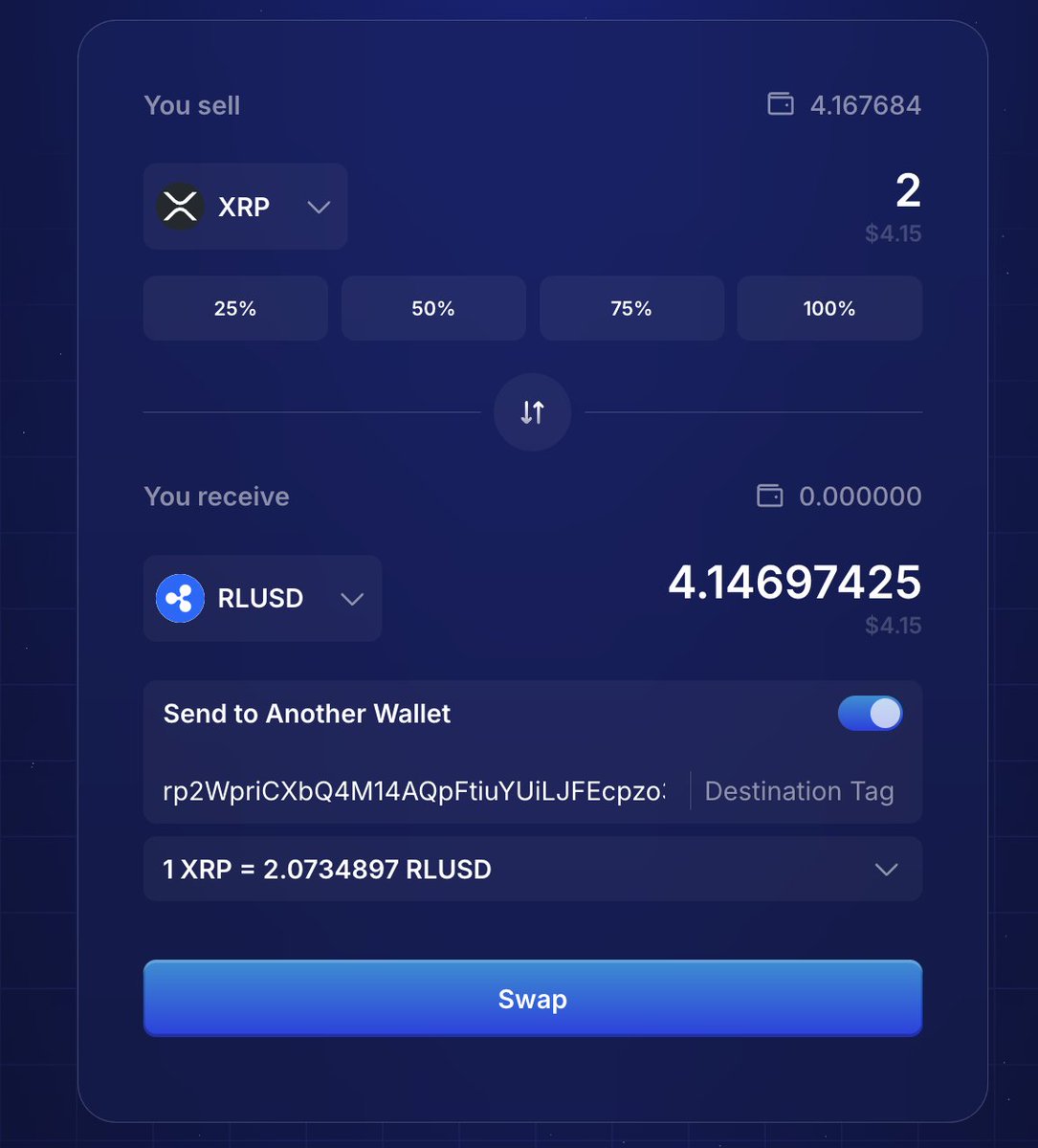 panosmek's tweet image. Did you know? With the 'Send to Another Wallet' feature you can swap and send to another XRPL account with 1-click. No need for multiple transactions anymore. Let's say you want to pay someone who wants to receive RLUSD, but you have XRP. Instead of first swapping XRP to RLUSD…