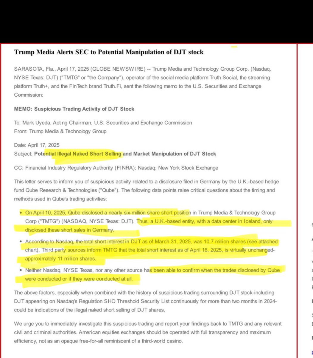 GregIsKitty's tweet photo. Part 1 🚨 - $DJT didn’t just allege naked shorting, they basically PROVED IT… 

Part 2 🚨- there are some MAJOR RED FLAGS on Qube (QRT) the hedge fund $DJT alleged was naked shorting… and all roads lead to $GME GameStop

1. Yesterday $DJT released a letter alleging naked short selling

2. They essentially proved naked short selling on $DJT. Here’s why:

3. On 3/31/2025 total short interest was ~11 million shares

4. On 4/10/2025 just 10 days later, Qube reports a 6 million short position

5. On 4/16/2025 just 6 days after Qube’s disclosure, total short interest is basically unchanged

6. Neither the @Nasdaq nor @NYSE Texas can locate or confirm the trades

7. This essentially means that either:

A) more than 50% of all shares sold short on $DJT (6 million) traded hands in just 10 days between 3/31 and 4/10… but nobody has any records of the trades OR: 

B) Qube is naked short with synthetic shares that appeared out of thin air

See comments for Part 2 and the link to $GME 🔥💥