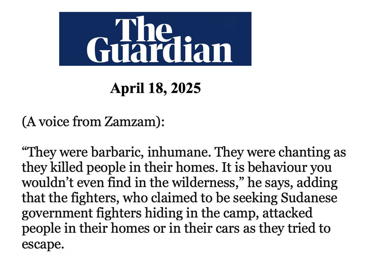 sudanreeves's tweet photo. An extremely well-informed & detailed account from The Guardian of what occurred during & after the #RSF destruction of #Zamzam. The numbers are terrifying; people are dying at a ghastly rate. Still no humanitarian response. Airdrops to El #Fasher desperately needed
https://t.co/3HYkGeFU8H