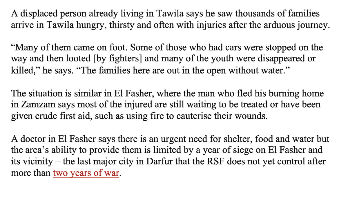 sudanreeves's tweet photo. An extremely well-informed & detailed account from The Guardian of what occurred during & after the #RSF destruction of #Zamzam. The numbers are terrifying; people are dying at a ghastly rate. Still no humanitarian response. Airdrops to El #Fasher desperately needed
https://t.co/3HYkGeFU8H