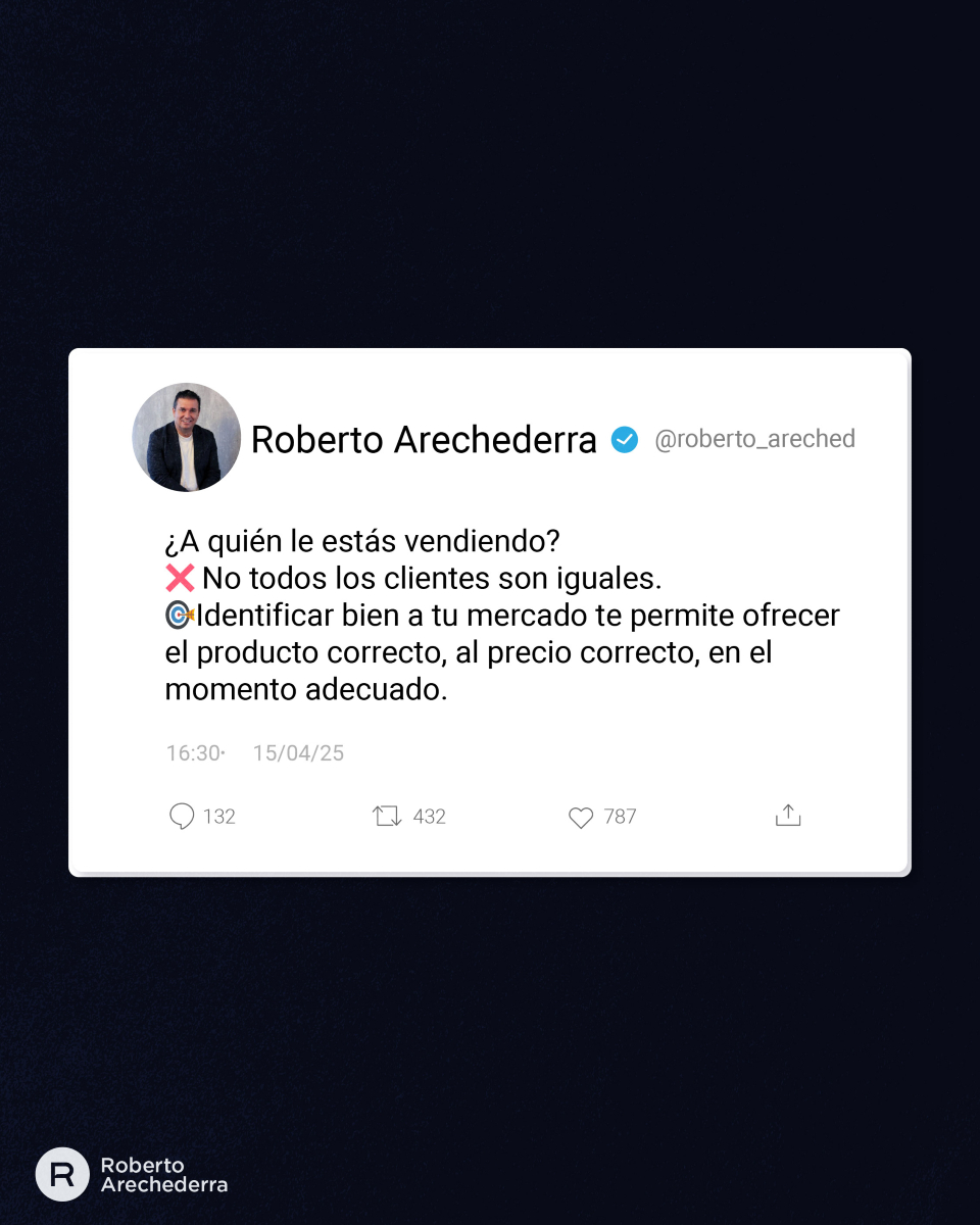 roberto_areched's tweet photo. ¿A quién le estás vendiendo?
Conocer bien a tu mercado es clave. No todos los clientes quieren lo mismo. Identifica a quién te diriges y podrás ofrecer el producto ideal, al precio justo y en el momento perfecto.

#RobetoArechederra #conoceatucliente #estrategia #economía https://t.co/3wLClrx1Uj