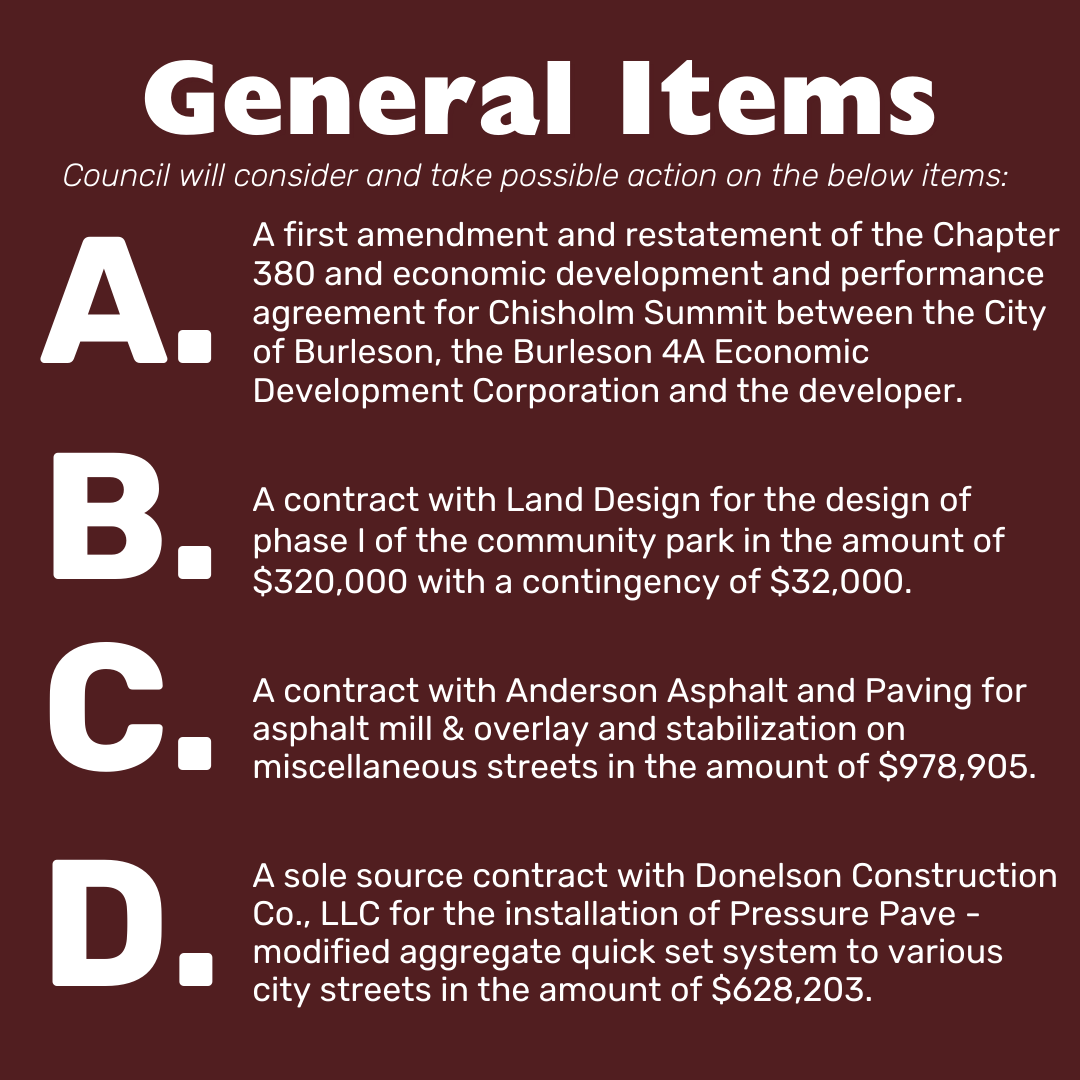 The regularly scheduled city council meeting will be held Monday, April 21 at 5:30 p.m.

View the entire agenda: burlesontx.com/agendas
Watch the meeting: burlesontx.com/watchlive