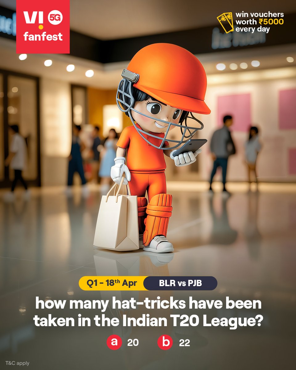Cricky is testing your cricket IQ 🏏💡
Comment #Vi5Gfanfest with the right answers to all 5 questions today and stand a chance to win vouchers worth ₹5,000 🎟️✨🏆
.
.
#ChallengeAlert #WinPrizes #Quiz #ParticipateAndWin #BLRvsPJB #Bengaluru #Punjab