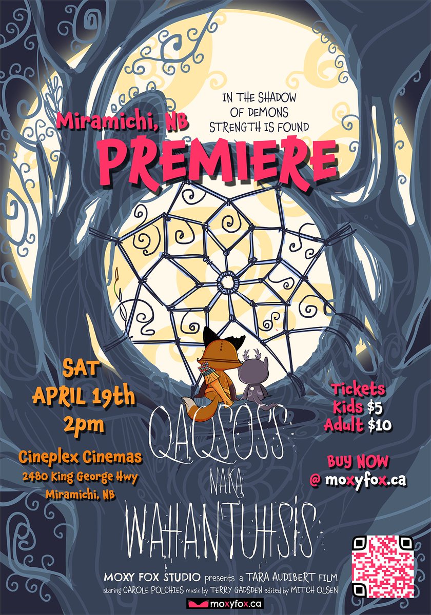 MoxyFoxStudio's tweet image. 🦊😈 1 DAY LEFT

Get your tickets NOW:
tickettailor.com/events/moxyfox… 

🦊April 19 @ 2PM
 📍 Cineplex Miramichi | 80 mins | English subtitles

#FilmPremiereNB #Easter #NBEvents #SupportIndigenousArt #Wolastoqey
 
@CanadaCouncil @Telefilm_Canada @ArtsCultureNB @artsNB @Screen_office