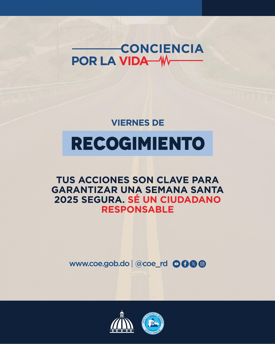 Cada gesto de precaución cuenta. Esta #SemanaSanta2025, tu responsabilidad puede salvar vidas.

La seguridad empieza por ti. Si todos ponemos de nuestra parte, evitamos incidentes lamentables.

#ConcienciaPorLaVidaRD