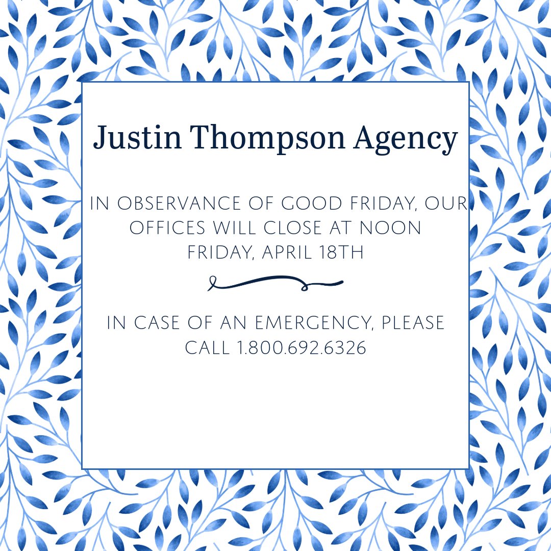 Justin_Thompson's tweet photo. In observance of Good Friday, the Justin Thompson Agency will close at noon on Friday, April 18th. I case of an emergency, please call 1.800.692.6326. https://t.co/GRh8rHoWnd