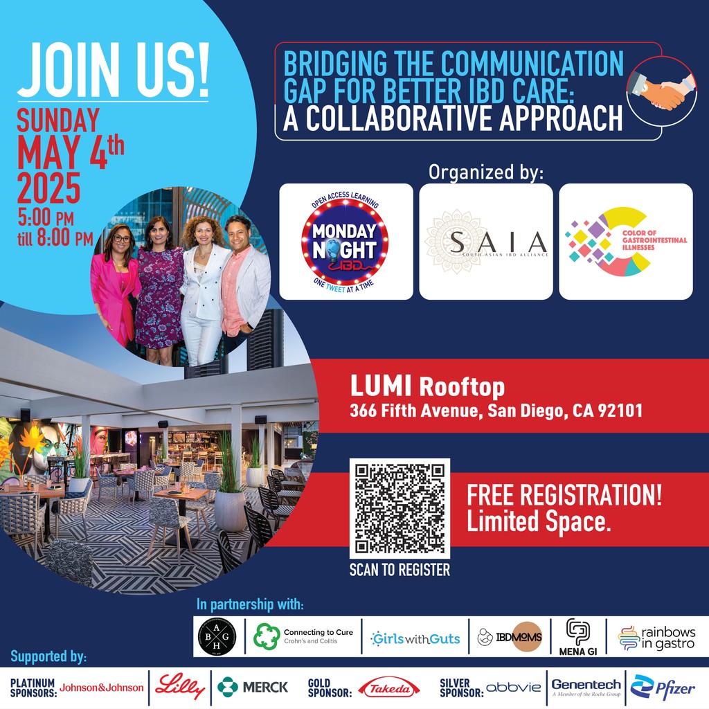 Join @southasianibd, @mondaynightibd &amp; @colorofcrohns for Bridging the Communication Gap for Better IBD Care: A Collaborative Approach on Sunday, May 4 from 5:00 – 8:00pm PST at LUMI Rooftop in San Diego!

Register for free here: 

eventbrite.com/e/bridging-the…