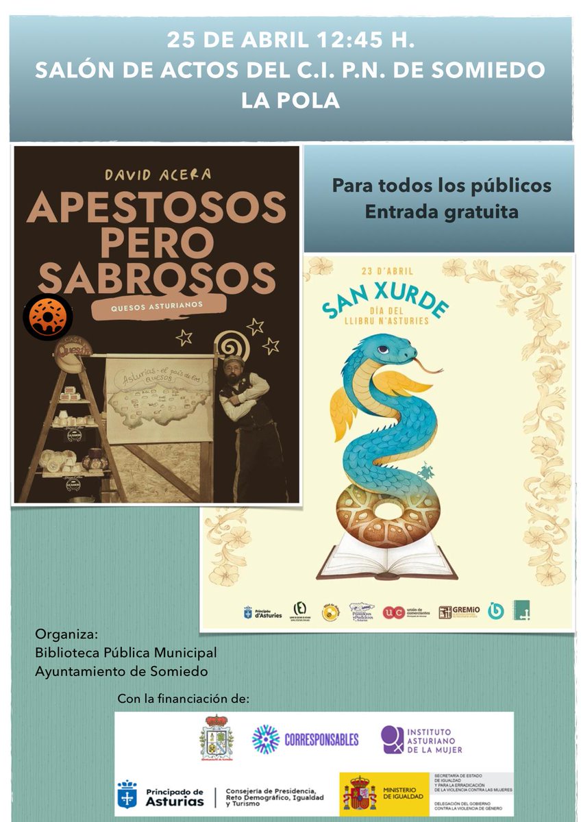 Día del libro y día de San Xurde 
¡Regala un libro y una rosca!
¡Prestosa iniciativa!
En Somiedo tendremos música y narración oral con Nel Villanueva y con David Acera 
¡Esperámosvos! 
<a href="/OficialSomiedo/">Somiedo Turismo</a> <a href="/CulturaenRede/">Agenda Asturies Cultura en Rede</a> <a href="/GobAsturias/">Principado de Asturias</a> <a href="/Biblioasturias/">Biblioasturias</a>