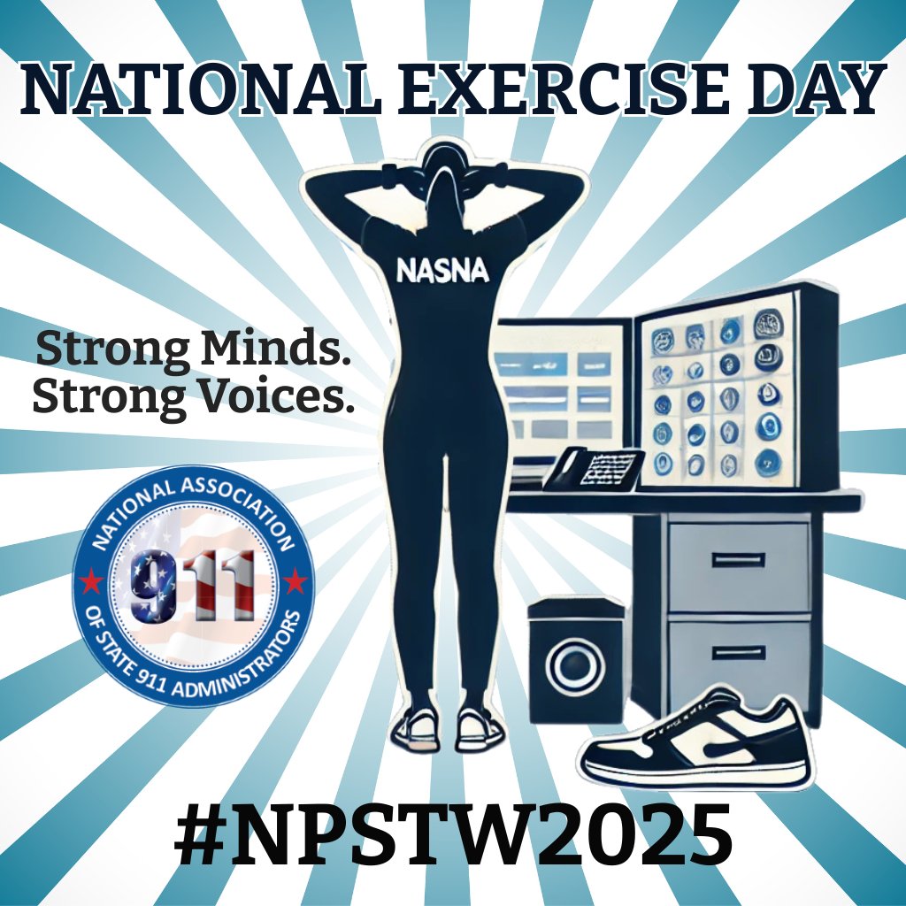 💪 It's National Exercise Day and Day 6 of #NPSTW2025!
Shoutout to 911 pros staying strong. Whether you're stretching at the console or pacing between calls, your wellness matters. #WeAreNASNA #ThankYou911 #911Wellness #TelecommunicatorWellness #NPSTW #NPSTW2025