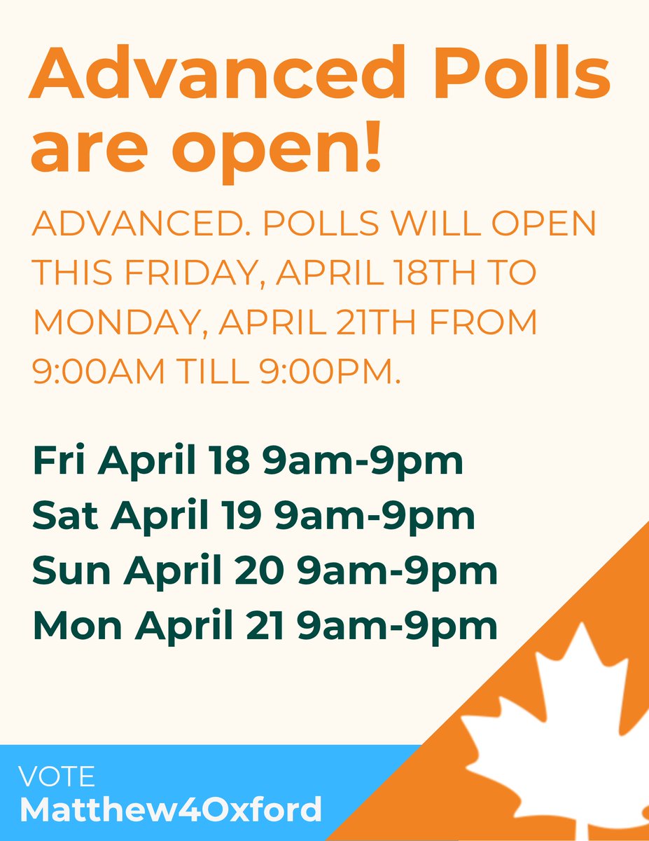 Advanced Polls are open!
Starting today, April 18th, until Monday, April 21st from 9:00am - 9:00pm. Not sure where to vote? Need a ride to the Polls? No problem. Send us a message or give us a call.

Email: Matthew.Chambers@ndp.ca
Call 226-242-0853

#Matthew4Oxford <a href="/MatthewNewDem/">Matthew Chambers 🍊🐄🌾⚘️🇨🇦🏳️‍🌈</a>