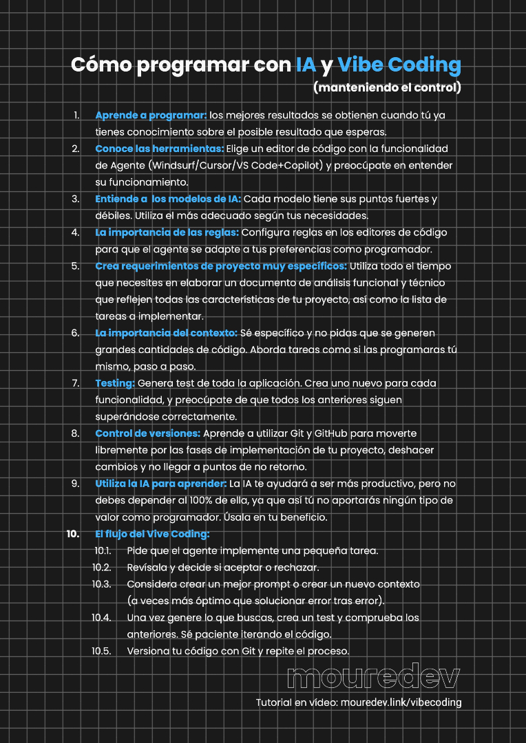 MoureDev's tweet image. Mis 10 reglas (como programador) para desarrollar con IA y Vibe Coding manteniendo el control.
