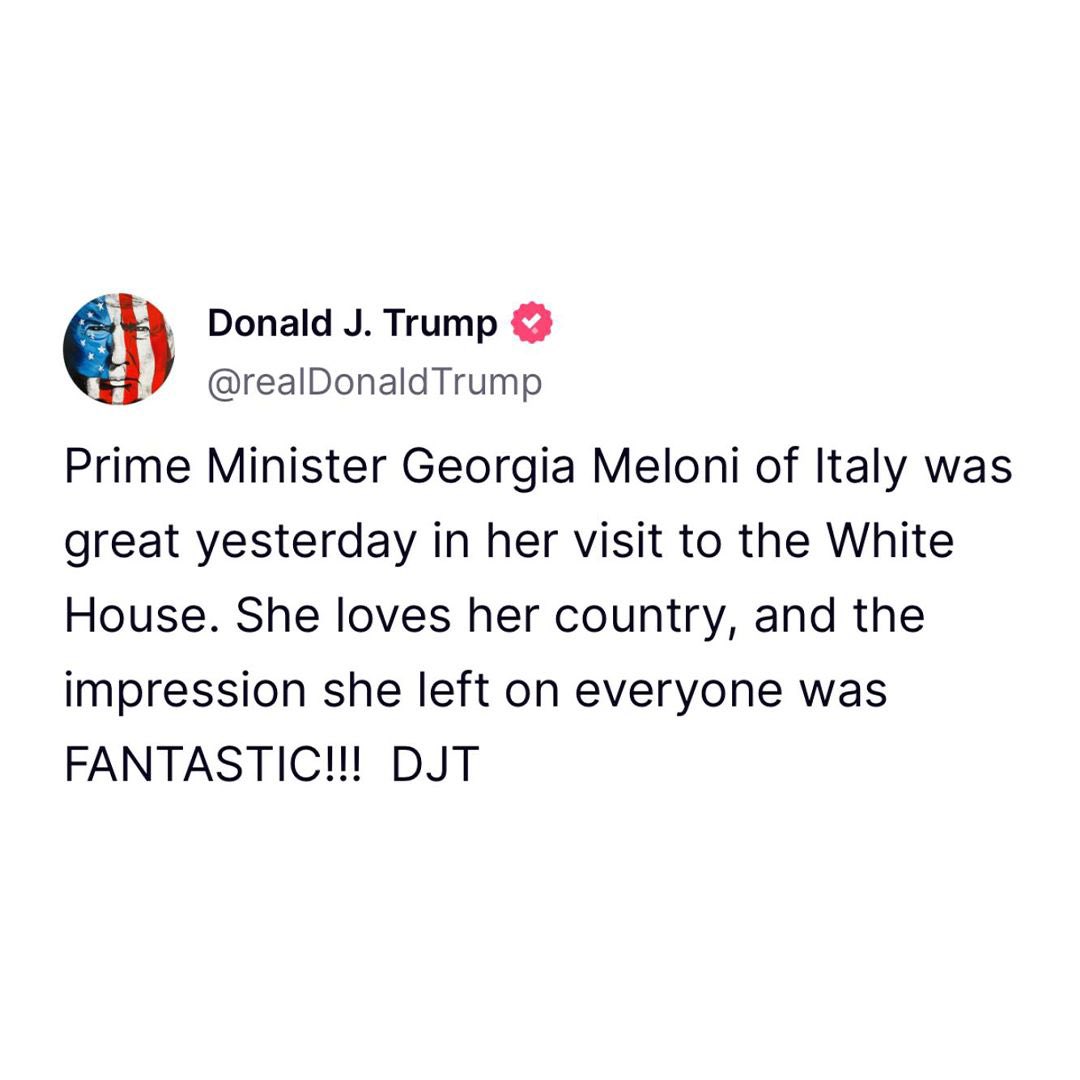 GiorgiaMeloni's tweet photo. Grazie, Presidente Trump!
La collaborazione tra Italia e Stati Uniti si fonda su valori comuni e una lunga amicizia. Continueremo a lavorare insieme per rafforzare il legame tra i nostri popoli e affrontare con determinazione le sfide globali. https://t.co/7ue19r2QsS