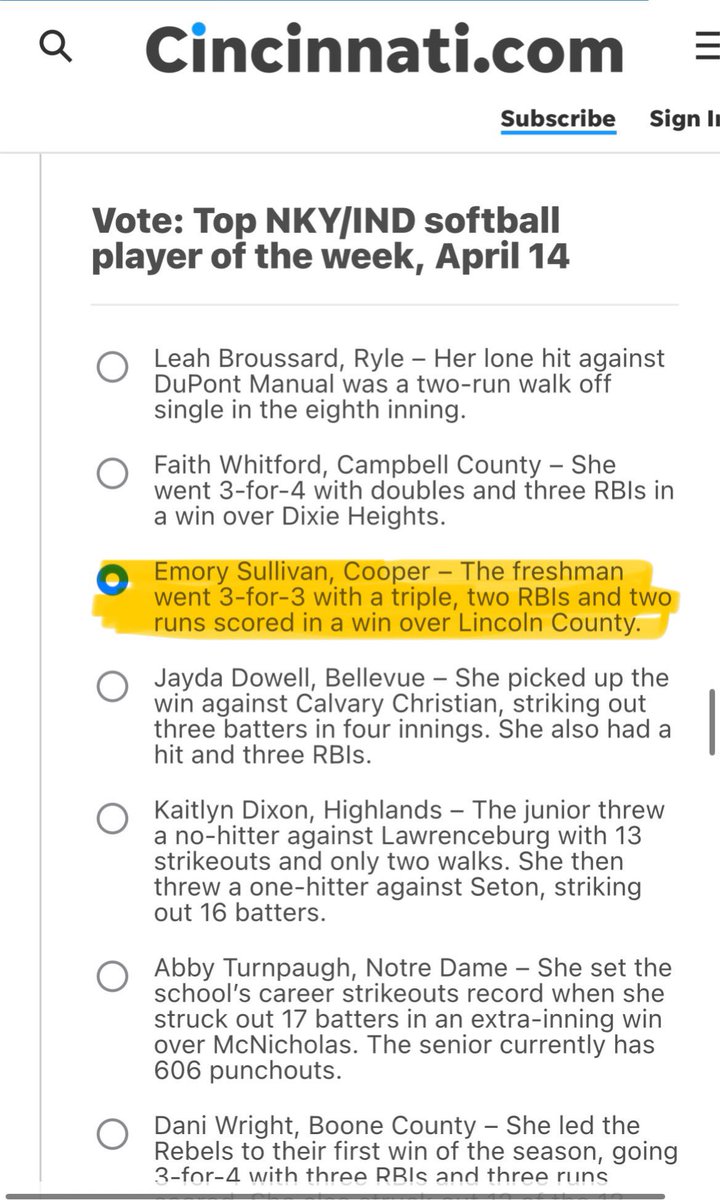 Go vote for Cooper Softball &amp; Emory Sullivan! They are up for Team &amp; Player of The Week! Voting ends at 4:00pm today! 

cincinnati.com/story/sports/h…