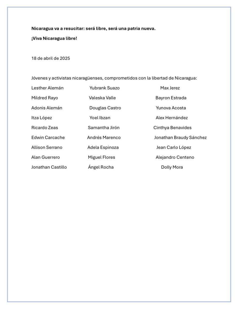 Nicaragua resucitará. Y lo hará de la mano de todos los que desde dentro y fuera del país, seguimos creyendo en el valor de nuestra patria. Hoy, con la fuerza de la fe y el fuego de la esperanza, alzamos la voz por nuestra nación. #AbrilNoSeOlvida #SOSNicaragua