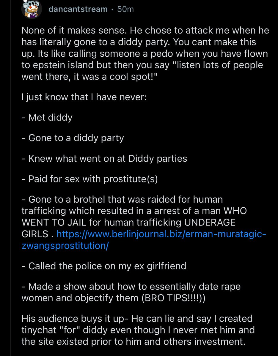 Awk20000's tweet image. Dan Saltman showed up in the H3 subreddit comments to further explain why Hasan attending a Diddy party is so ironic (especially after calling him “Diddler”)

“None of this makes sense..chose to attack me when he has literally gone to a Diddy party..I have never”