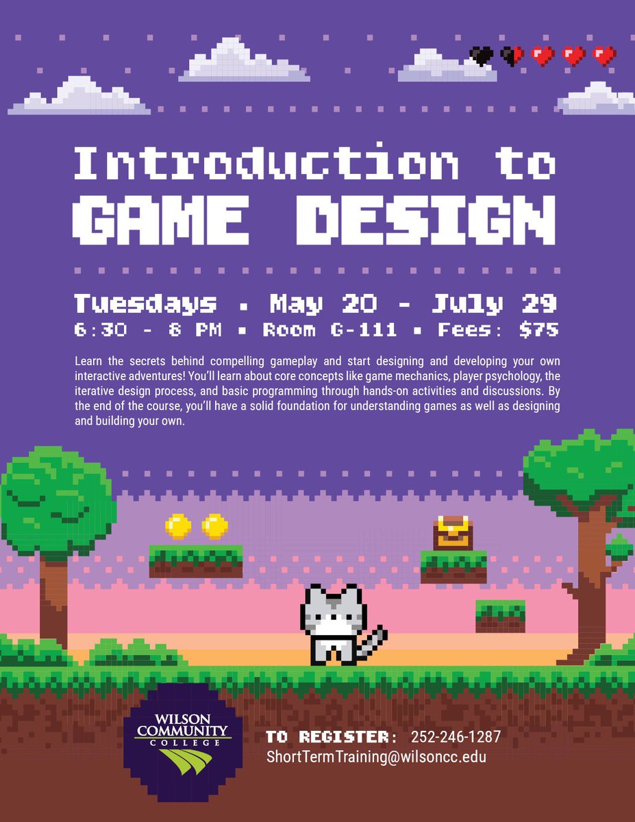 Wilson Comm College (@wccwilsonnc) on Twitter photo Ever wanted to design your own video game? Introduction to Game Design will teach you the secrets behind compelling gameplay and how to start designing and developing your own interactive adventures! To register, call 252-246-1287 or email ShortTermTraining@wilsoncc.edu. Ever wanted to design your own video game? Introduction to Game Design will teach you the secrets behind compelling gameplay and how to start designing and developing your own interactive adventures! To register, call 252-246-1287 or email ShortTermTraining@wilsoncc.edu.
