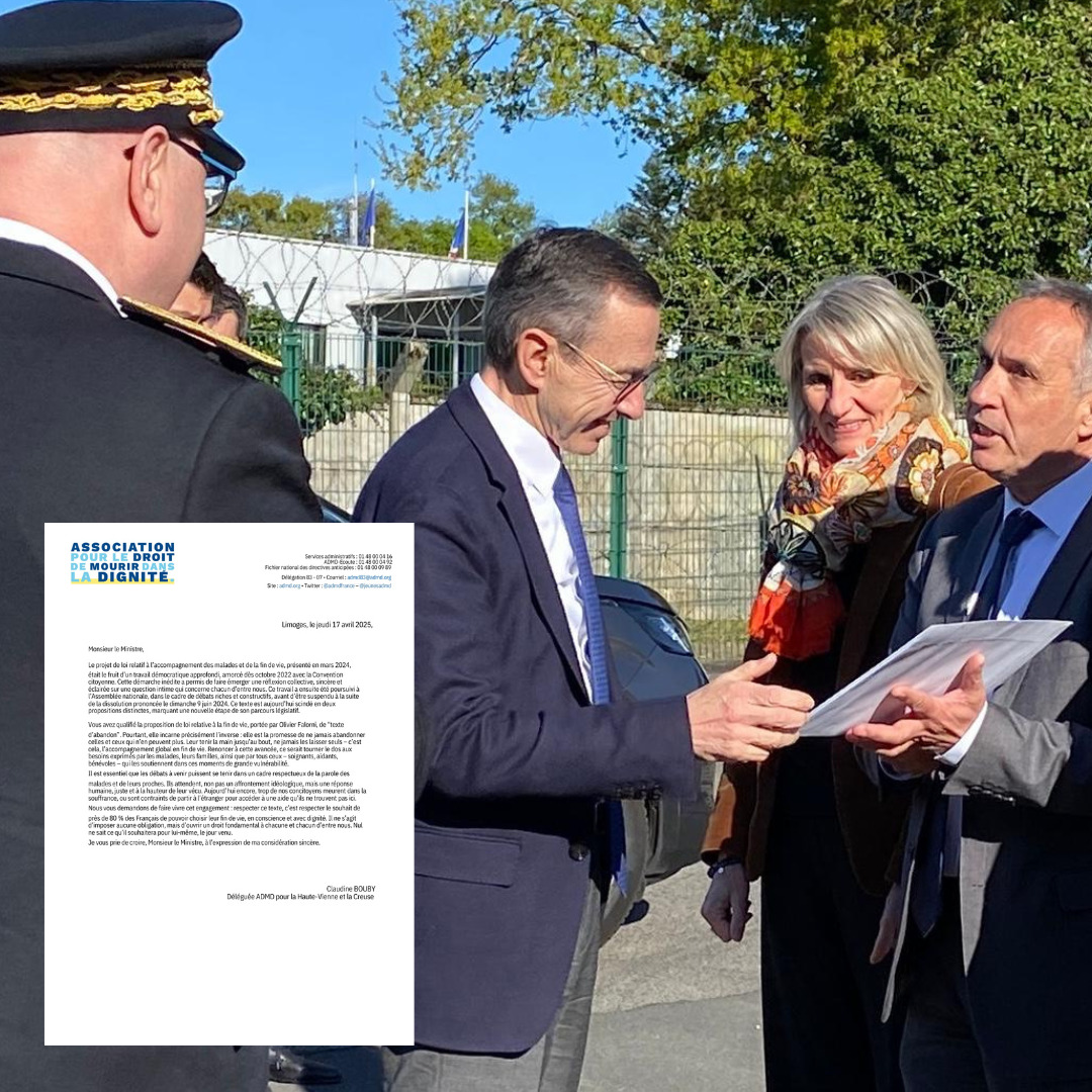 ✉️ J'ai remis au ministre un courrier de l'ADMD 87 pour défendre la fin de vie digne.
Il l'a refusé.
La fraternité, c’est respecter ce choix de dignité.

#FinDeVie #Dignité #Fraternité #ADMD87