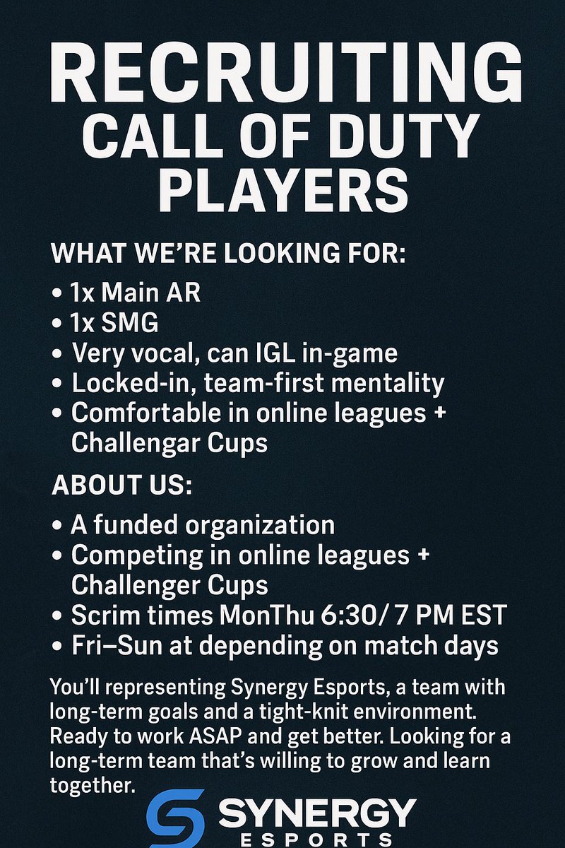 If you are serious about competing and want that opportunity that none else is giving you. Look no further, we are currently building an OG roster back from our beginning days Synergy Pink where we first started. 

We are looking for Smg/flex and a main ar igl that can comm
