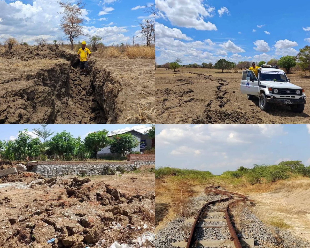 TheChindwin's tweet photo. A team of surveyors in Myanmar has completed their evaluations, confirming that the fissures resulting from the 7.7 magnitude earthquake on March 28 have extended over a remarkable distance of 500 kilometers, which equates to more than 342 miles. The earthquake was centered in Sagaing and its effects reached into the northern Bago region, as well as parts of Shan State. 

This assessment highlights the extensive impact of this seismic event on the affected areas.

Photo/Nyo Min