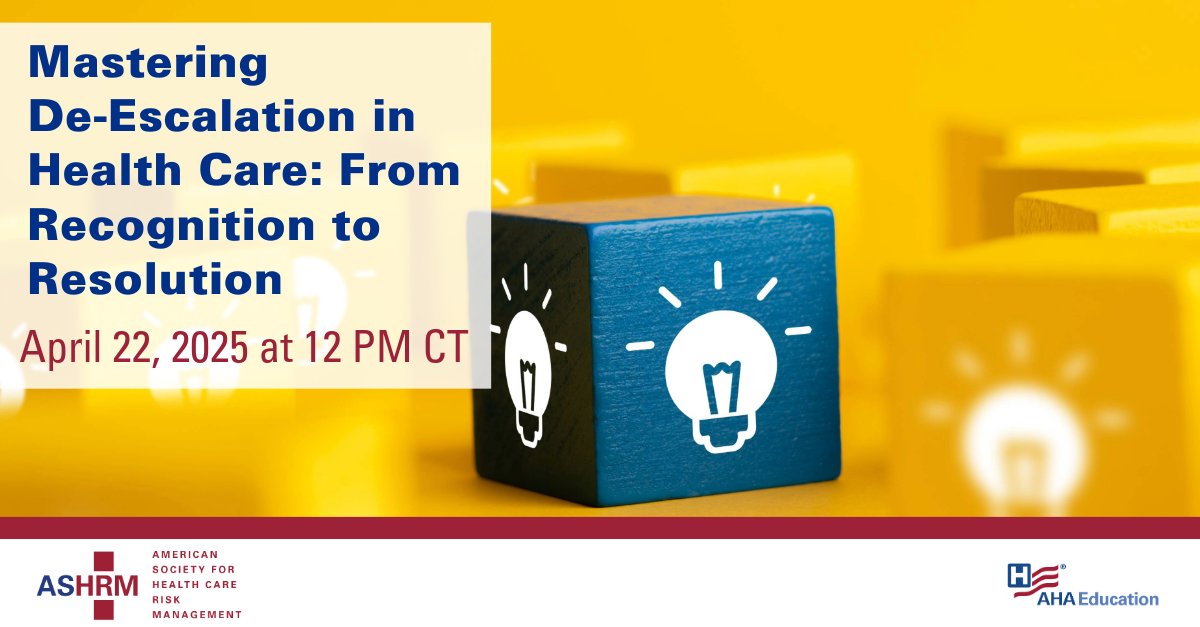 Join ASHRM for the upcoming webinar "Mastering De-Escalation in Health Care: From Recognition to Resolution" and get practical strategies to identify, prevent, and safely defuse conflict before it escalates.
Register Now ow.ly/kZxk50VCTeR