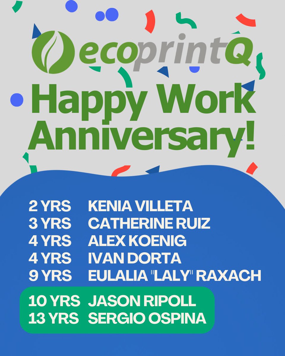ecoprintQ's tweet image. 🎉 We're celebrating our May work anniversaries at ecoprintQ! Grateful for the dedication and drive our team brings every day. Here's to continued success together! 👏
#WorkAnniversary #ecoprintQ #TeamAppreciation #CompanyCulture #WeAreSolutions