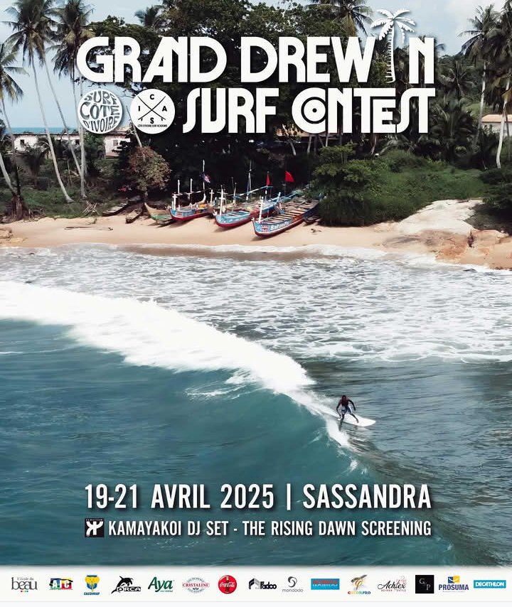 Surf Côte d’Ivoire et la Côte d’Ivoire Surf Académie vous donnent rendez-vous du 19 au 21 avril à Sassandra pour un événement incontournable : le Grand Drewin Surf Contest ! 🔥