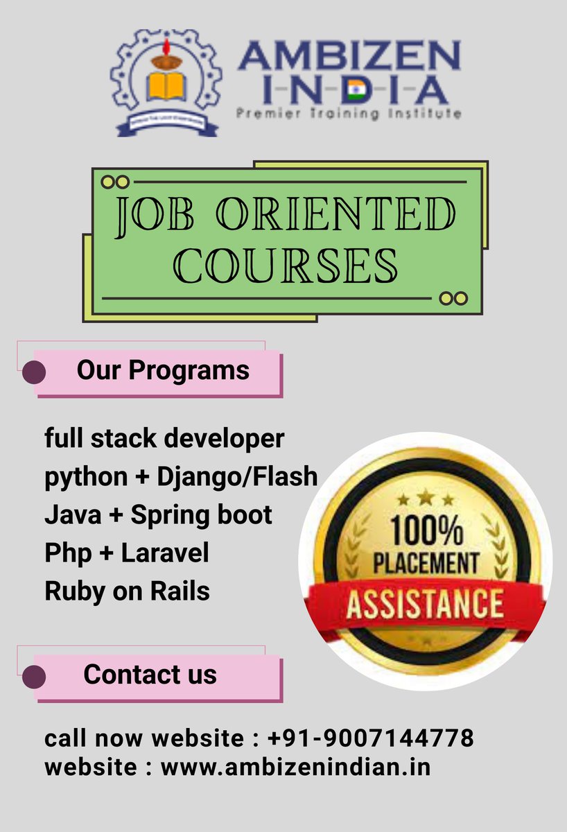 ambizenindia's tweet image. Job oriented courses with placement delhi.
#PythonCourse #JavaCourse #CppCourse #CLanguage #WebDevelopment #PHPMySQL #CodingClasses #MunirkaTech #LearnPython #CodingCommunity #TechSkills #pythonCourseInMunirka #pythonTrainingInstituteInMunirkaDelhi
Call +919007144778