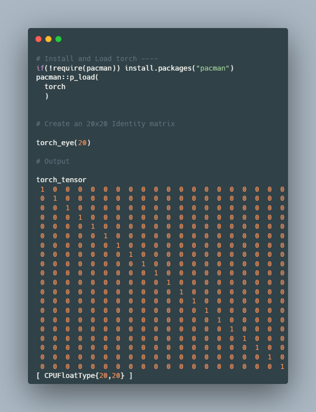 Matrix of confidence:
1s where it counts, 0s where it doesn’t.
torch_eye(20) for the win. 💪 #rstats #torch