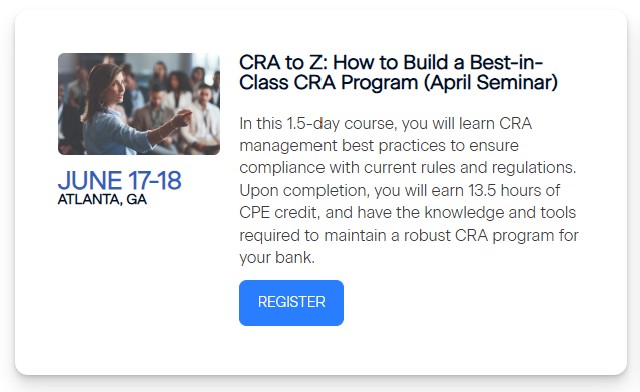 “…one of the best aspects of the CRA to Z seminar was the ability to directly collaborate with other CRA peers , sharing knowledge, ideas, and experiences. I encourage all to attend the class…”
Cheryl Hiller
Vice President - <a href="/FirstScotia/">1st Nat'l of Scotia</a>

REGISTER NOW icba.org/cra/cra-traini…