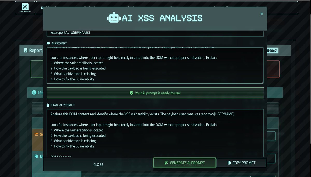 🚀 New Feature Alert on xss.report 🔥
We're leveling up your XSS game with AI-Powered XSS Analysis! 🧠💡
No more guessing — instantly see where your payload executes in the DOM!
💻 DOM tracing made simple
🎯 Precision payload debugging
⏱️ Save hours on manual testing