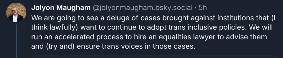 TeaRannosaurus's tweet photo. @WrathQueenof @ToBeDamnedOrNot He has given details. The flaw
a) "institutions" sounds like a few universities and a handful of the crazier councils which have all run out of money.
b) bringing new cases to lower courts when the supreme court has given an answer won't have much mileage. https://t.co/Dnkh1To8Gp