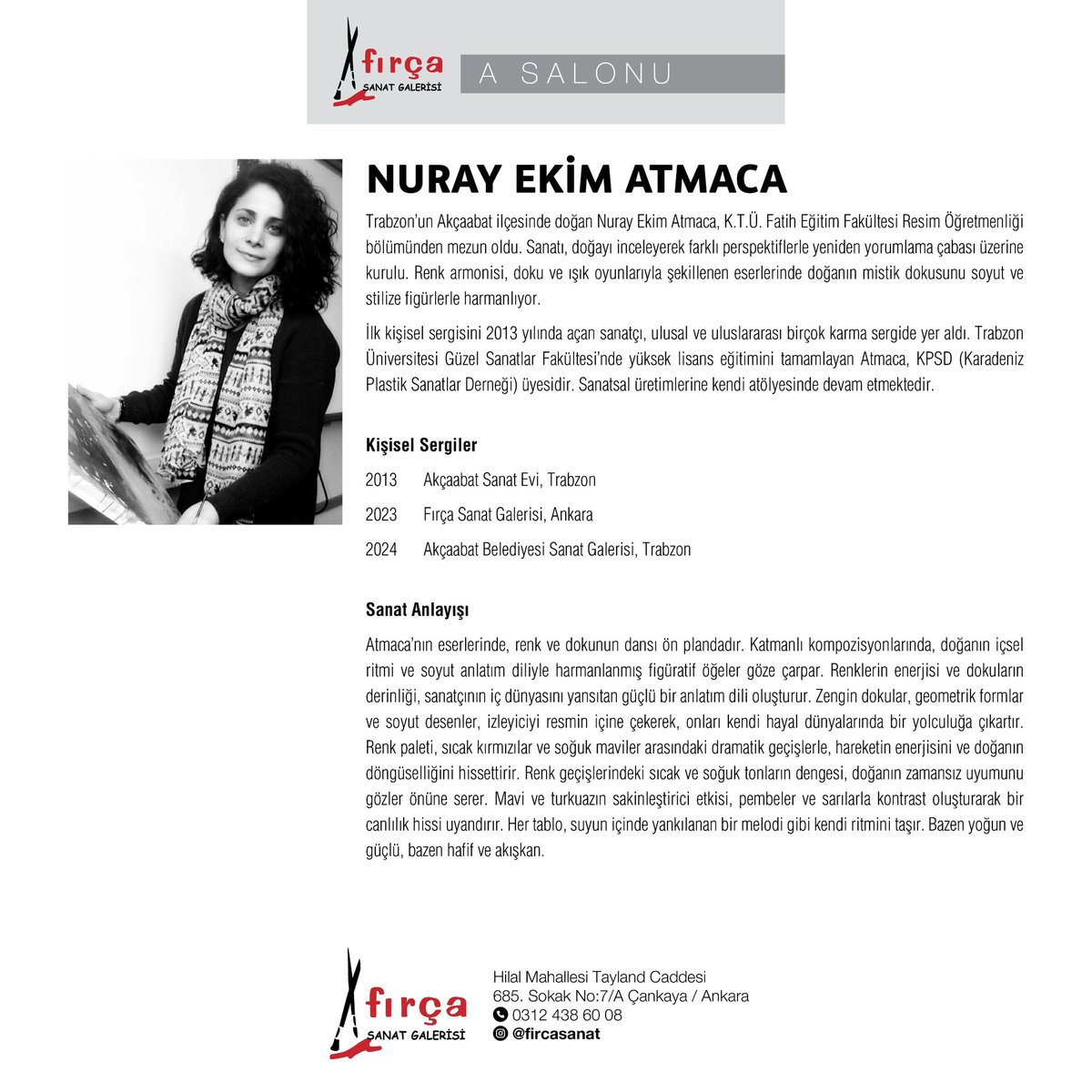 FIRCASANAT's tweet photo. *NURAY EKİM ATMACA*'nın,
*"Sessiz Senfoni"* Ve
*ÖMER İNAN*'ın,
*"Karşılaşma*" 
isimli resim sergileri
*18 Nisan-12 Mayıs 2025* tarihleri arasında, Galerimizin A ve B Salonlarında sanatseverlerin beğenisine sunulacaktır.
Açılış: 18 Nisan Cuma 18.00-20.00
Fırça Sanat Galerisi https://t.co/RkimTghiDl