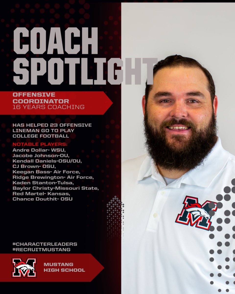 Coaches Spotlight! <a href="/coachmac_/">Cody McDaniel</a> has led the Bronco offense to top 5 in point per game 4 of the 6 years being the offensive coordinator! He is also one of the top Offensive Line developers in the state! #RecruitMustang