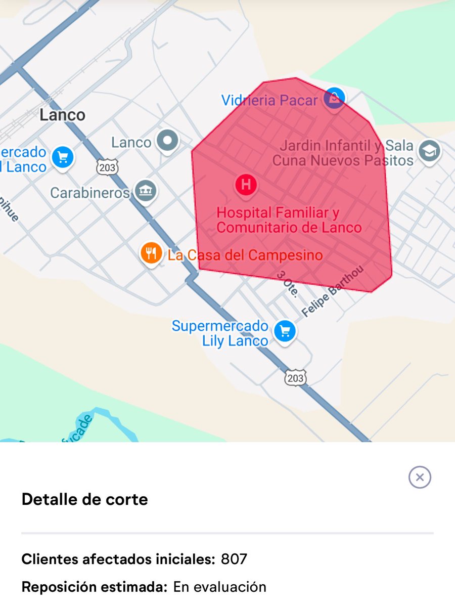 🔵 AHORA | #Lanco
Corte de energía eléctrica afecta a más de 800 clientes del sector urbano. 
<a href="/saesa/">Saesa</a> estima que la hora de reposición será a las 11 horas de este viernes.