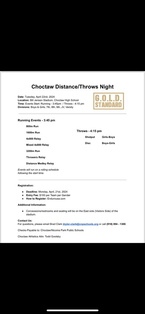 Brad Clark (@coachbradclark) on Twitter photo ❗️Attention Track Coaches❗️
📆Mark your calendars for next week!📆
🏃♀️🏃♂️7th, 8th, 9th & Varsity Divisions🏃♀️🏃♂️
🏅7th-12th Distance/Throws April 22nd🏅
🏅7th-12th Sprints/Throws April 24th🏅
Come have fun & compete <a href="/ChoctawDNA/">Choctaw High School</a>
💻Email @btyler-clark@cnpschools.org💻 ❗️Attention Track Coaches❗️
📆Mark your calendars for next week!📆
🏃♀️🏃♂️7th, 8th, 9th & Varsity Divisions🏃♀️🏃♂️
🏅7th-12th Distance/Throws April 22nd🏅
🏅7th-12th Sprints/Throws April 24th🏅
Come have fun & compete <a href="/ChoctawDNA/">Choctaw High School</a>
💻Email @btyler-clark@cnpschools.org💻