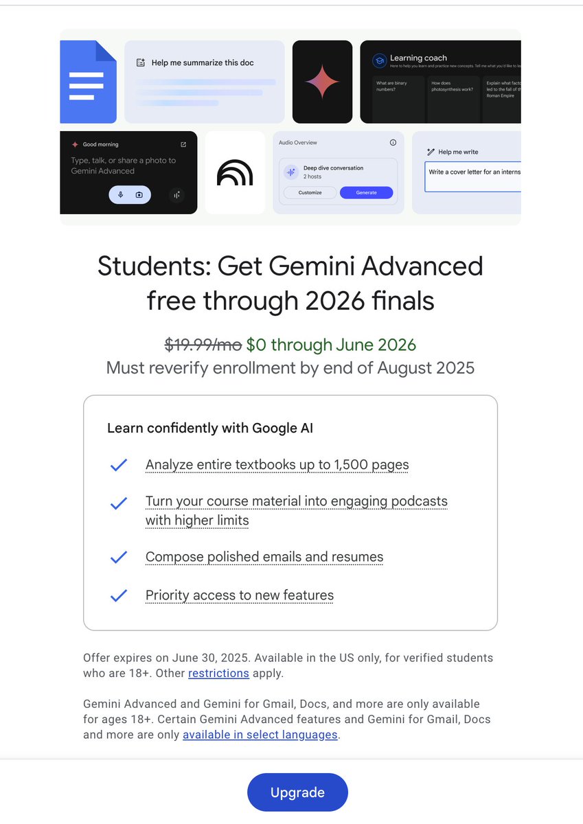 College students in the U.S. are now eligible for the best of Google AI — and 2 TB storage — for free @google blog.google/products/gemin… 

This is legit, I'm surprised. Open AI and Anthropic should also offer free premium plan trials for college students and researchers in the US.