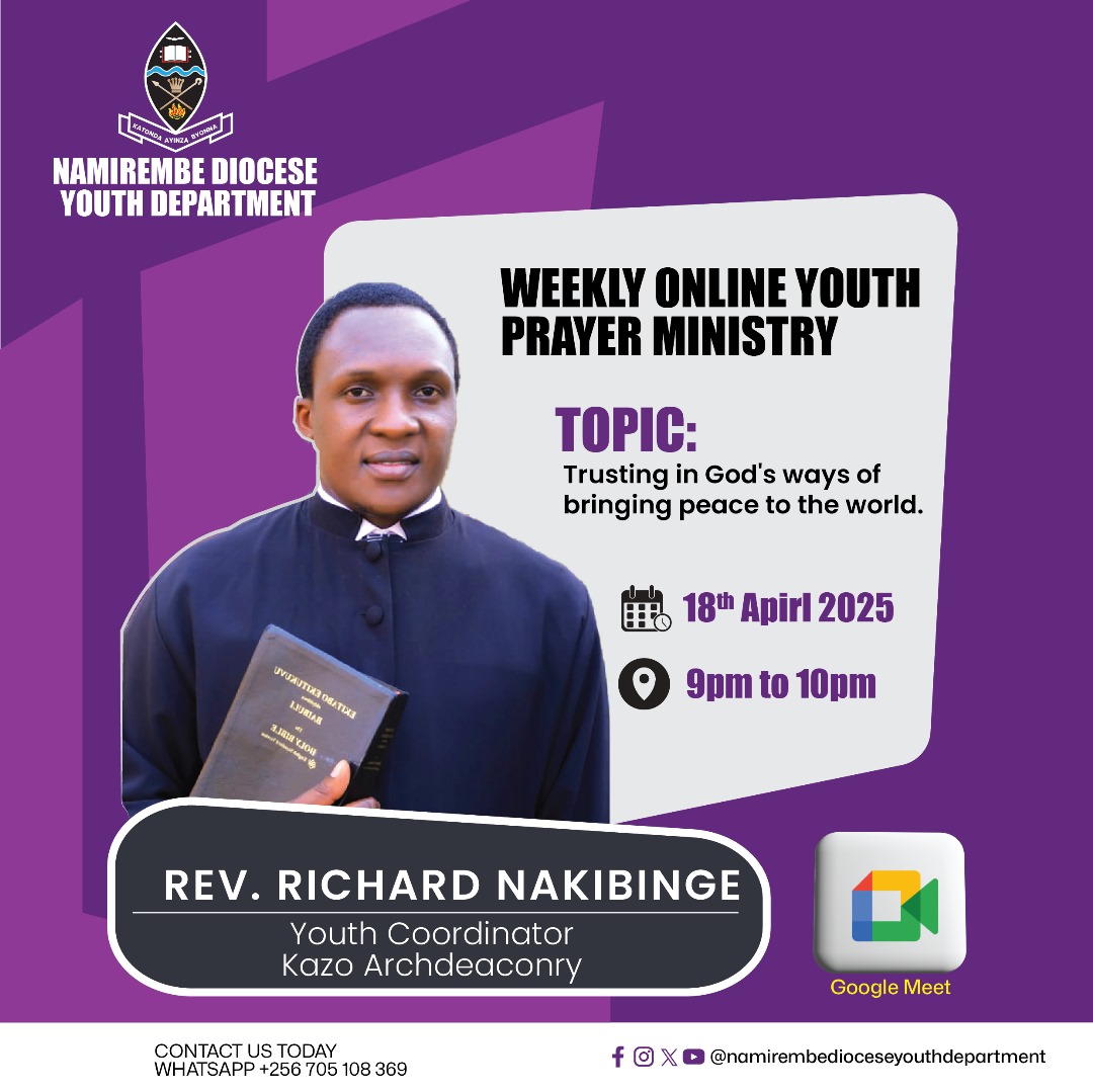 Namirembe Diocese Youth Department (@namirembeyouth) on Twitter photo Don't miss our weekly Online Prayer Ministry.
Topic: Trusting in God's ways of bringing peace to the world.
To join the meeting on Google Meet, click this link:
meet.google.com/hmf-dcsy-gyk Or open Meet and enter this code: hmf-dcsy-gyk
<a href="/BishopsVoice/">Namirembe Diocese</a> <a href="/coufamilytv/">COU Family TV</a> <a href="/ChurchofUganda_/">Church of Uganda</a> Don't miss our weekly Online Prayer Ministry.
Topic: Trusting in God's ways of bringing peace to the world.
To join the meeting on Google Meet, click this link:
meet.google.com/hmf-dcsy-gyk Or open Meet and enter this code: hmf-dcsy-gyk
<a href="/BishopsVoice/">Namirembe Diocese</a> <a href="/coufamilytv/">COU Family TV</a> <a href="/ChurchofUganda_/">Church of Uganda</a>