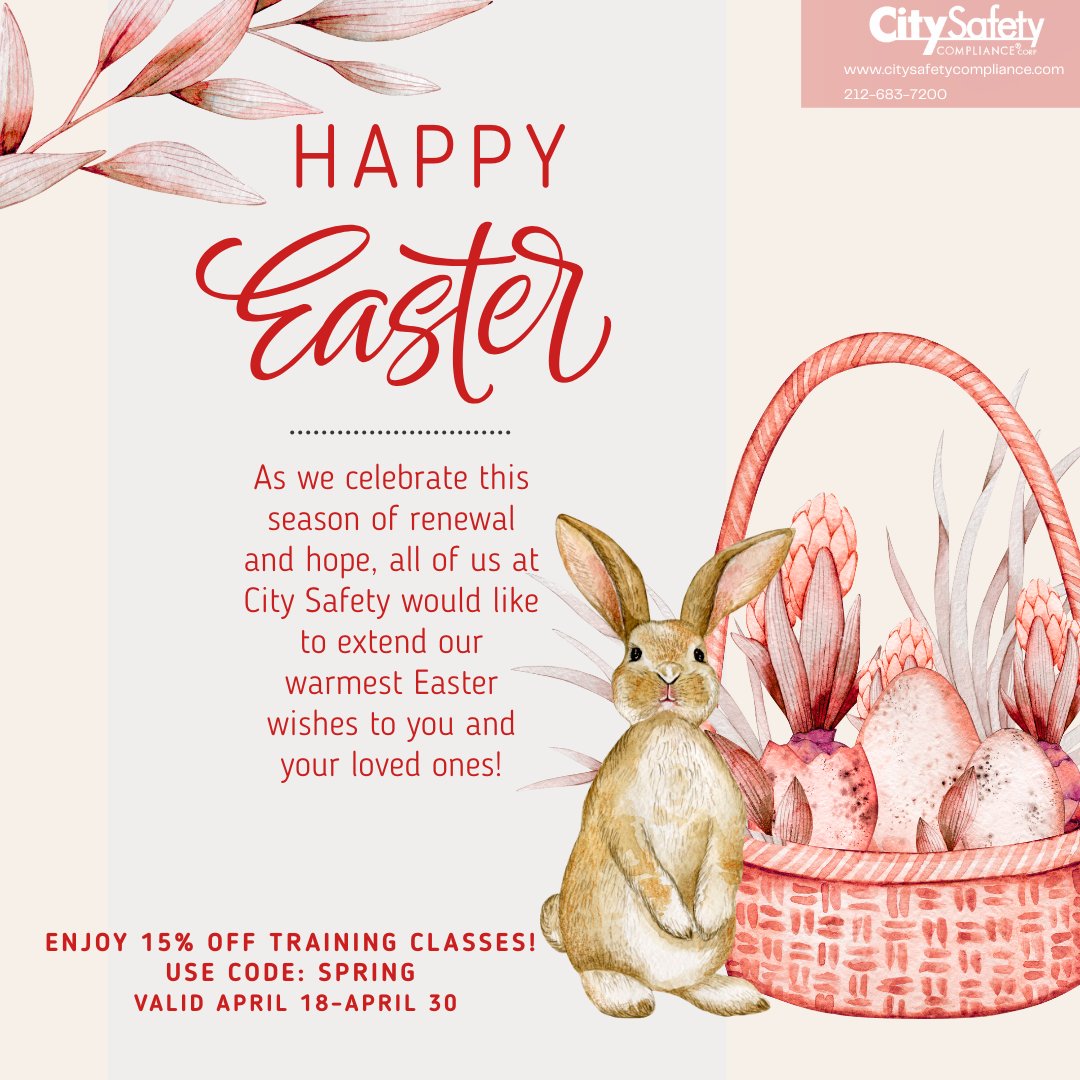 Happy Easter from all of us at City Safety Compliance Corp.!📷📷

Enjoy 15% OFF training classes with code SPRING valid April 18 to April 30!

#HappyEaster #SpringSavings #SiteSafety #EasterSpecial #WorkSafe #SafetyTraining #SpringDeals #NYCConstruction #OSHA
