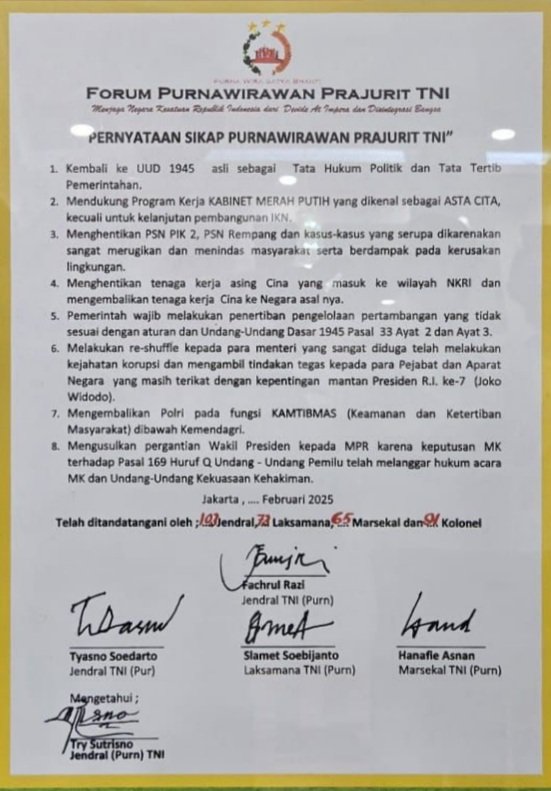 Boediantar4's tweet photo. 8 PERNYATAAN SIKAP RATUSAN JENDERAL PURN DR TNI AD, TNI AU DAN TNI AL
YG DITANDATANGANI OLEH 5 JENDERAL
ADA 3 MANTAN PANGLIMA TNI DAN MANTAN WAPRES TRY SUTRISNO ✅️ https://t.co/fPb0OIsfym