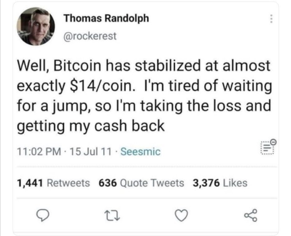 0xSimPS0nsCPtL's tweet photo. In a tweet shared on July 15, 2011, Thomas Randolph stated that Bitcoin had remained steady around $14 and that he was tired of waiting for it to rise, so he sold his Bitcoins at a loss.
07/15/2011 $BTC - $14
04/18/2025 $BTC - $84,500
#Bitcoin #Binance #ThomasRandolph https://t.co/5Pwaq9u1dK