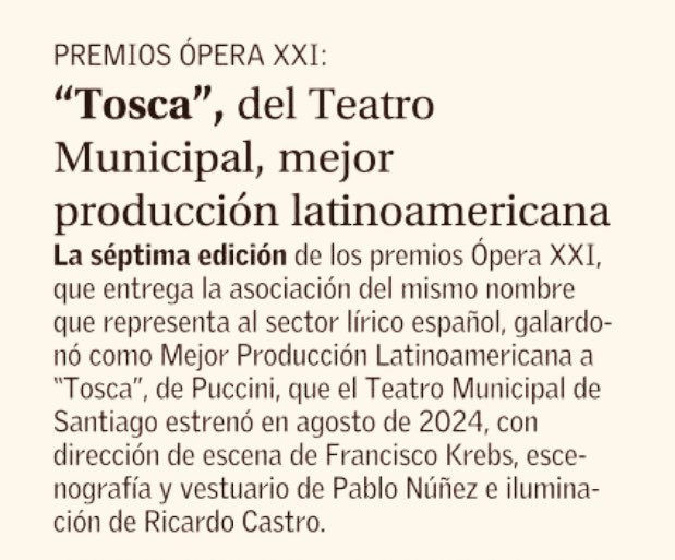 Javier Ibacache (@ibacache) on Twitter photo Premios Ópera XXI 🏆
Mejor producción latinoamericana 2024 👉🏼 Tosca de <a href="/MunicipaldeStgo/">Teatro Municipal de Santiago</a>
👌🏼👏🏼👏🏼👏🏼
<a href="/panchokrebs/">Pancho Krebs</a>
<a href="/CarmenLarenasF/">Carmen Gloria Larenas</a> Premios Ópera XXI 🏆
Mejor producción latinoamericana 2024 👉🏼 Tosca de <a href="/MunicipaldeStgo/">Teatro Municipal de Santiago</a>
👌🏼👏🏼👏🏼👏🏼
<a href="/panchokrebs/">Pancho Krebs</a>
<a href="/CarmenLarenasF/">Carmen Gloria Larenas</a>