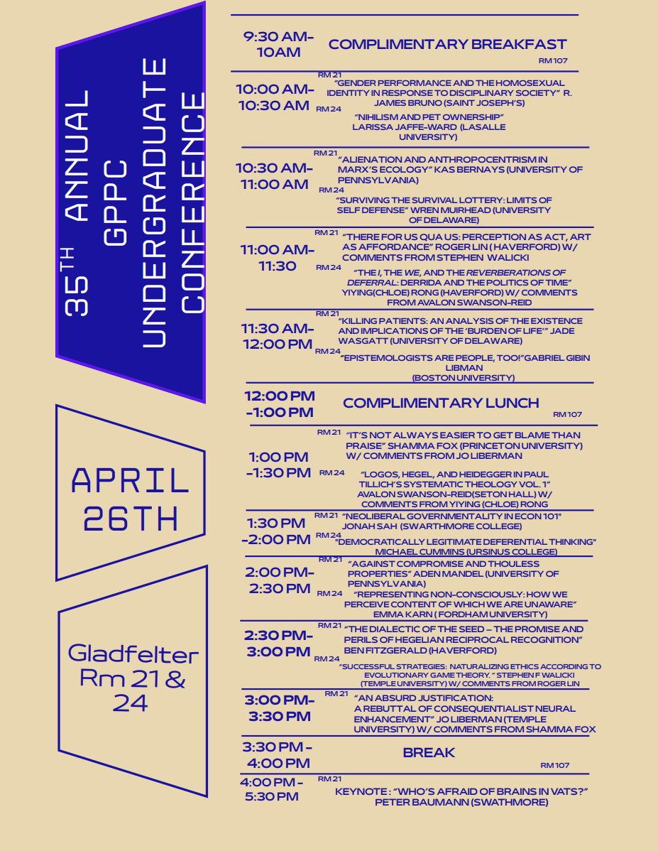 TheGPPC's tweet photo. The annual GPPC Undergraduate Conference is here! Saturday, April 26 at Temple U. (9:30am-6pm in Gladfelter Hall). Talks by students from St. Joe's, LaSalle, Penn, Delaware, Haverford, Boston U, Swarthmore, Ursinus, Fordham, and Temple. Keynote from Peter Baumann (Swarthmore). https://t.co/QVmIlp9hqw